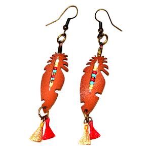 New BoHo Leather Feather Beaded Tasseled Earrings